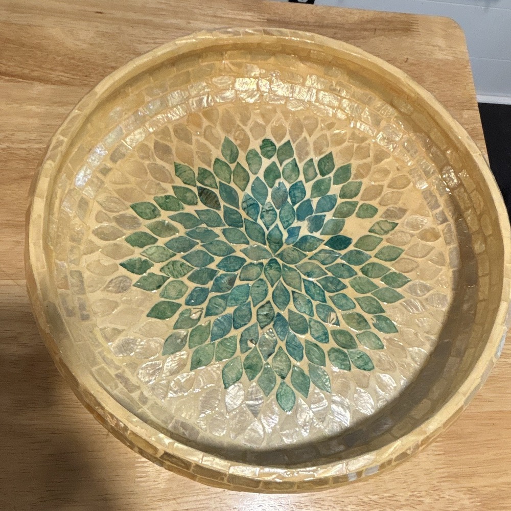 LACQUER WORLD CO Shell Lacquer Decorative Bowl 17" Turquoise & Cream Floral